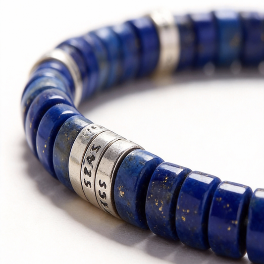 Blue beaded bracelet with silver cylindrical beads on a white background